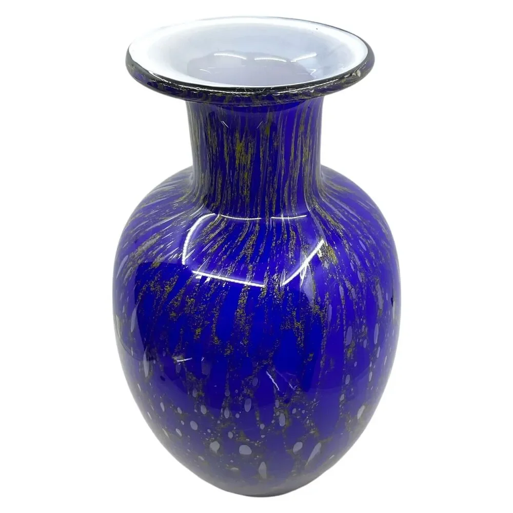 Murano Style‎ Vase Cobalt Blue Gold Infused Art Glass 10 inch